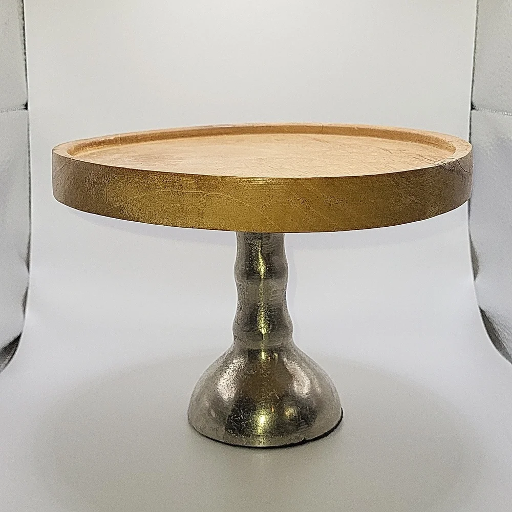 Wood and Aluminum Pedestal Cake Stand. Rubber Bottom for Easy Grip.